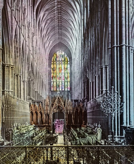 Westminster Abbey London national church of the UK part of the interior showing choir stalls.