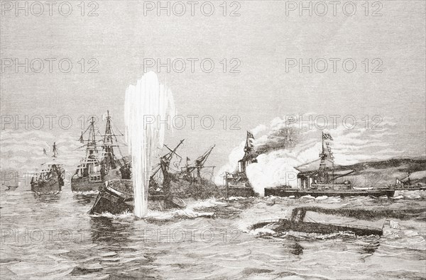 Sea battle between battleships and torpedo boats.
