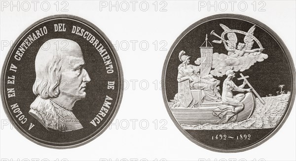 Commemorative medal celebrating the 400 year anniversary of Columbus's discovery of America in 1492.