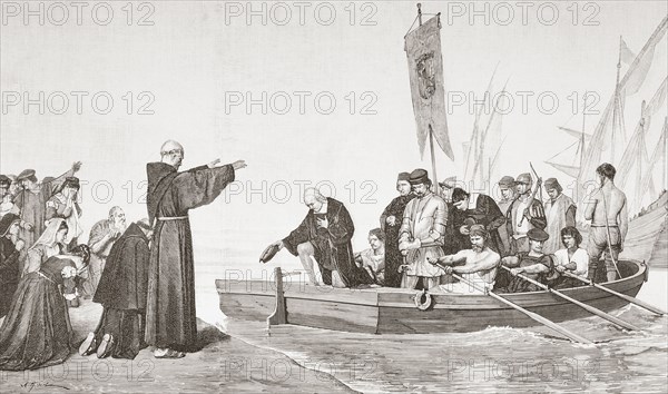 A priest blesses Christopher Columbus and his crew before their departure on the first voyage to discover America.