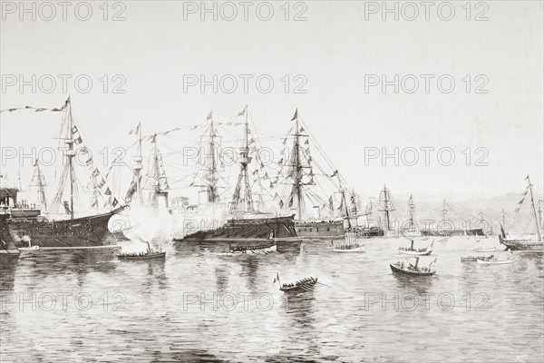 The visit of king Umbert I to the Spanish warship Pelayo during the The Columbian Festivals in Genoa.