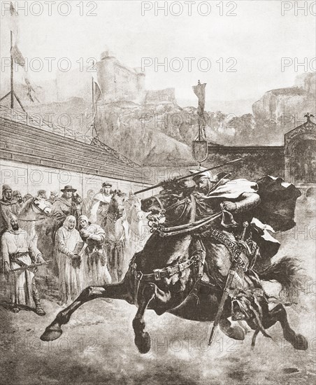 Pedro II of Aragon arriving for a proposed duel with Charles of Anjou.