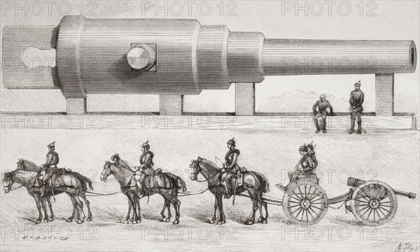 A 52 foot Krupp cannon shown in comparison with a German field piece.