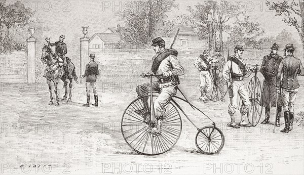 A French soldier riding a penny-farthing aka a high wheel.