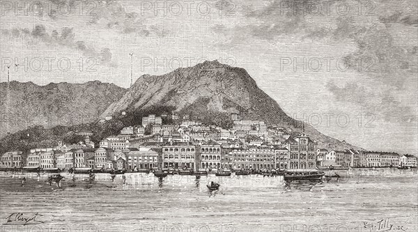 A view of Hong Kong in the 19th century showing the two new stations for the Peak Tram funicular railway.