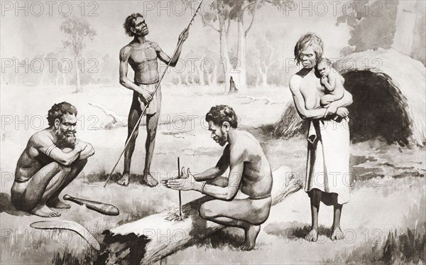 Australian Aborigines making fire.