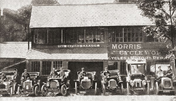 A row of early Morris cars parked outside The Oxford Garage.