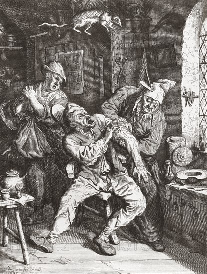 A surgeon performs an operation on a man's arm while a distraught woman watches.