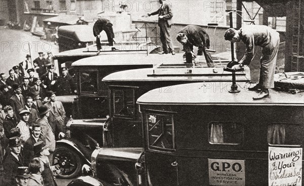 Wireless detector vans being equipped with devices whereby the Post Office could trace defaulters who had installed a wireless set but omitted to buy an annual ten shilling license.