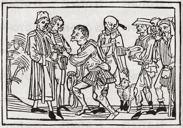 Villagers in the 16th century paying their annual tithes in money or kind to the parish priest.