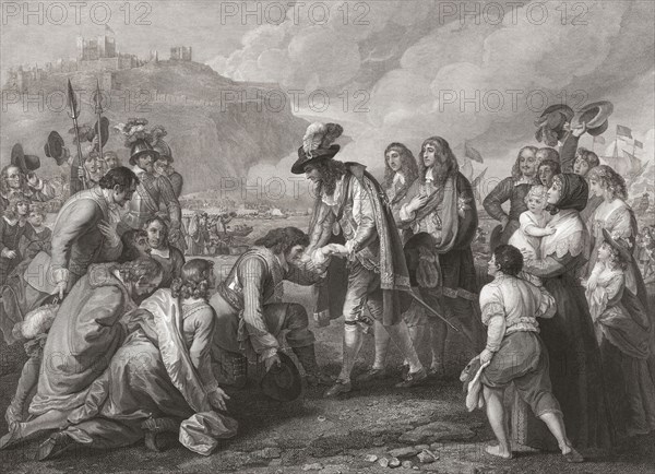 King Charles II arrives on the beach at Dover.