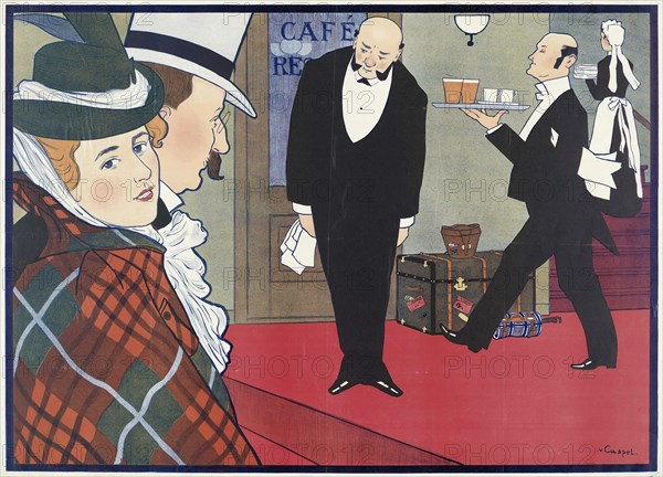 A man and a woman are greeted by the head waiter as they enter a restaurant.