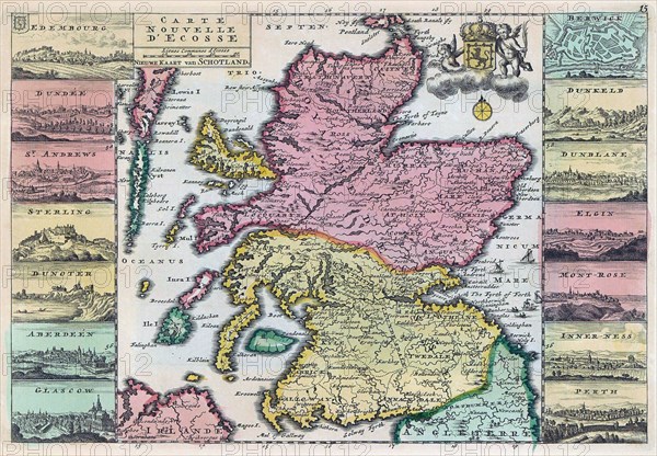 Map of Scotland dating from the early 18th century decorated with 14 small drawings or plans of important cities.