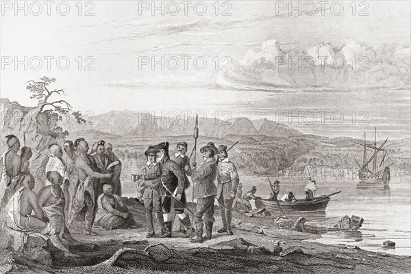 In 1609, Henry Hudson offers liquor to the Indians on the North River, now known as the Hudson River.