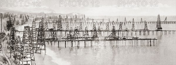 Oil wells drilled into the bed of the Pacific ocean at Summerland.