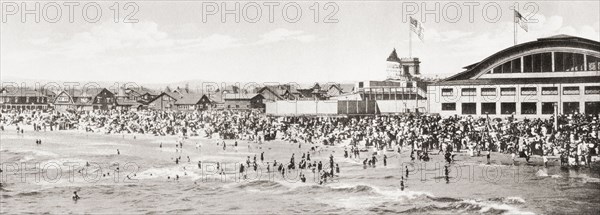 Crowds enjoying the surf at Venice beach.