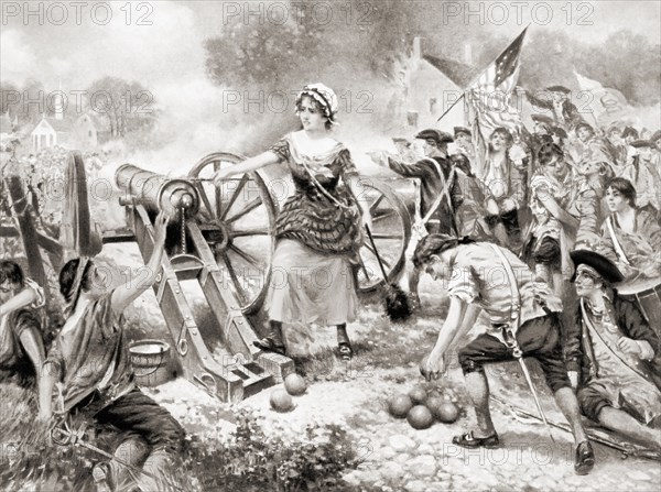 Molly Pitcher firing cannon at the Battle of Monmouth during the American Revolutionary War.