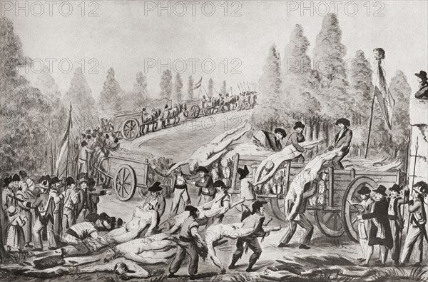Unloading the bodies of victims during the French Revolution.