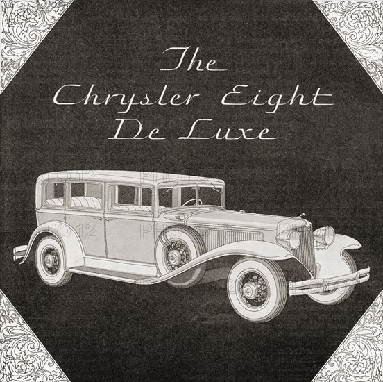 A 1930's advertisement for a Chrysler Eight De Luxe car.