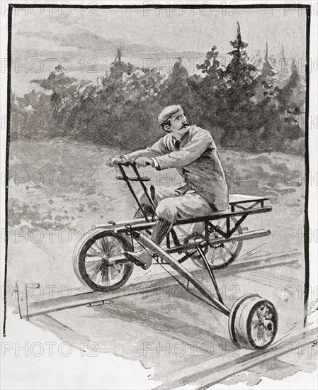 Three wheeled velocipede on a railroad track.
