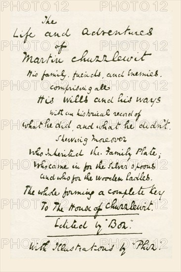 One of the title pages written by Charles Dickens when he was working on his novel Martin Chuzzlewit.