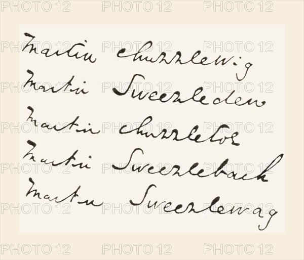 Part of Dicken's manuscript notes re the name of his hero for Martin Chuzzlewit.