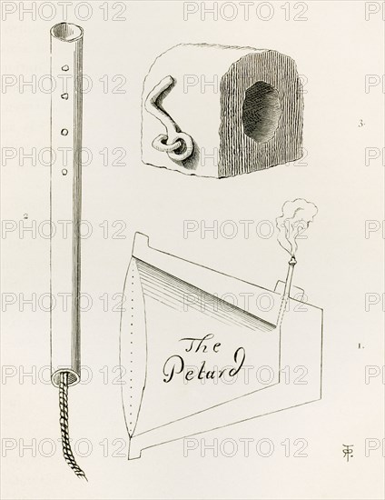 Types of Petards, or small bombs, usually conical or rectangular metal objects containing gunpowder.