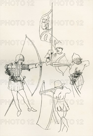 An archer, the Standard of Richard, Earl of Warwick, a crossbow man and a Pavoiser.