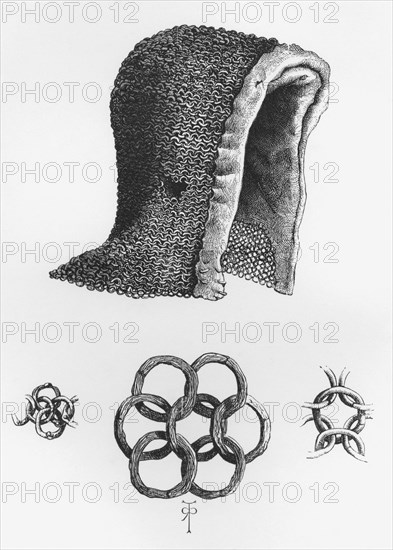 Chain mail hood and example of interlocking chain mail.