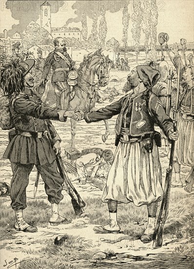 French and Sardinian soldiers shaking hands to celebrate their victory against the Austrians after the Battle of Palestro.