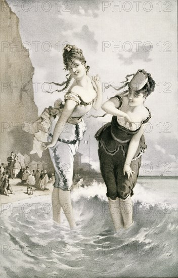 Two young ladies sea bathing in the 19th century.
