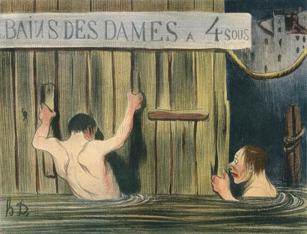 Two young men spying on the ladies in a women's bathouse in the 19th century. From Illustrierte Sittengeschichte vom Mittelalter bis zur Gegenwart by Eduard Fuchs.