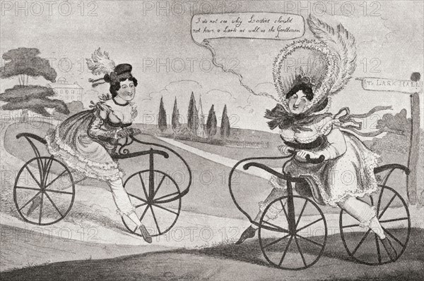 Two 19th century English ladies on bicycles.