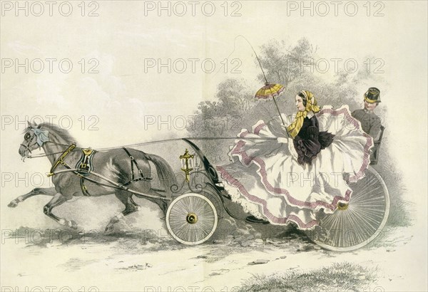 Lady wearing a crinoline and driving a 19th century horse and landau.
