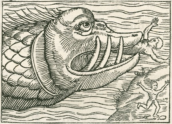 Man being eaten by a sea serpent.