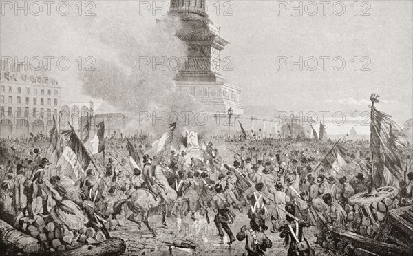 The angry Paris mob burning the royal throne at the July Column during the Paris Revolution of 1848.