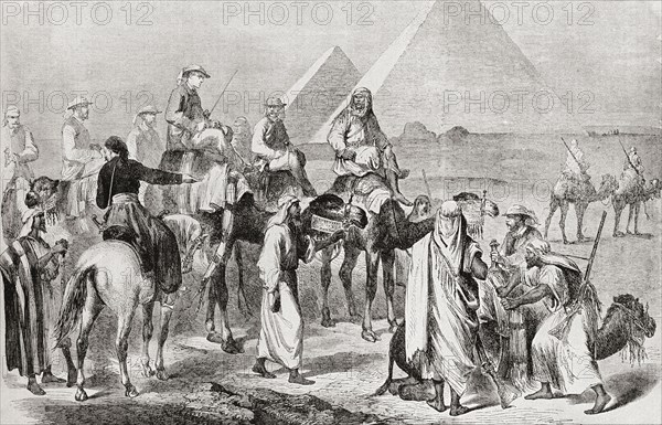 Victorian tourists at the pyramids of Giza.
