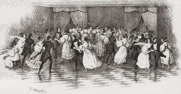 Dancing the polka at a ball in 1830.