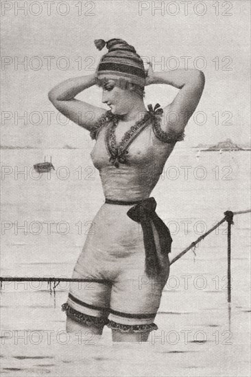 A woman bather in a provocative bathing suit in the late 19th century.