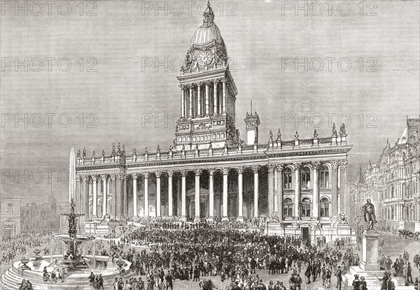 An open air band performance in front of Leeds Town Hall.