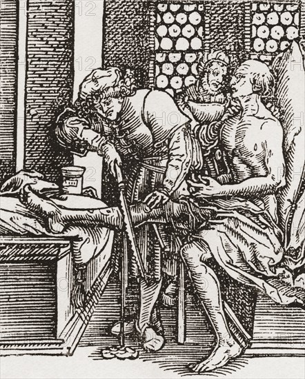 A physician performing an amputation during the Tudor period in England.