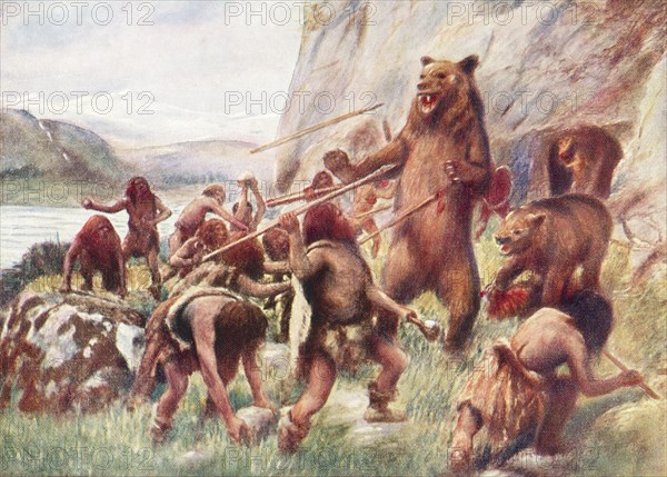 Stone age man hunting wild bears.