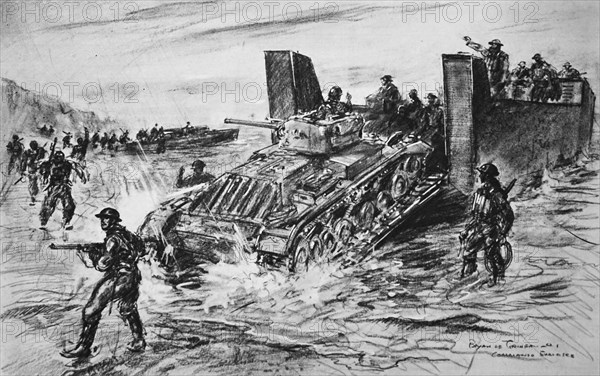 A naval landing barge shipping a Valentine Tank covered by sailors in battle dress.