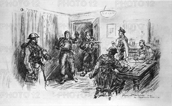 A commando surprises a Brigadier and his stgaff.