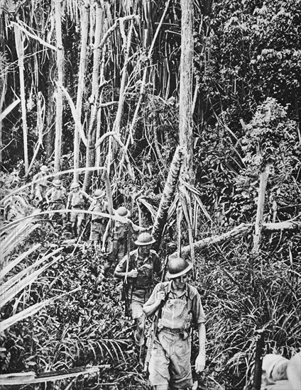 British troops in a tropical jungle in Malaya.