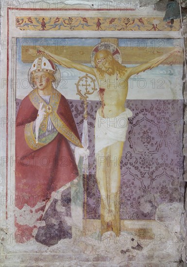 Bernardino di Mariotto, Crucifix and bishop saint, rural church of Santa Maria della Maestà