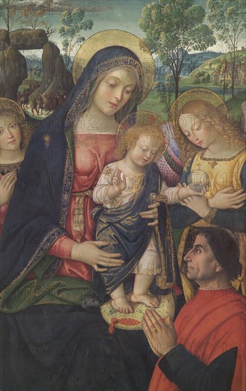 Bernardino di Betto, known as Pinturicchio, Madonna and Child, angels and the work of art's commissioner