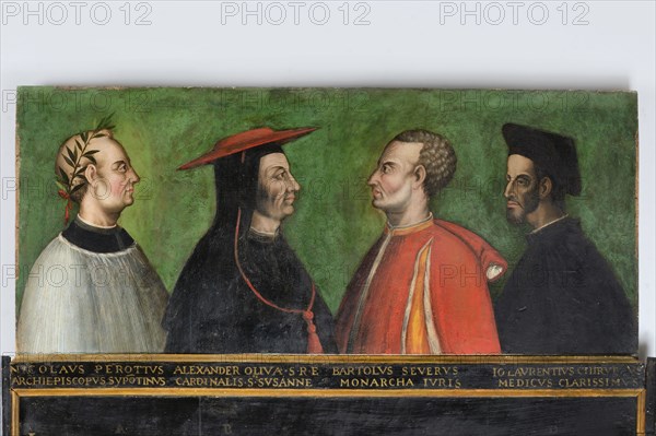 Tuscan School of the 16th century, Portrait of the Illustrious Men of Sassoferrato, the humanist Nicolò Perotti, cardinal Alessandro Oliva, the jurist Bartolo da Sassoferrato, the docto