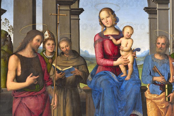 Pietro Vannucci known as Il Perugino, Fano Altarpiece (Virgin and Child with Saints John the Baptist, Louis of Toulouse, Francis of Assisi, Peter and Mary Magdalene), oil on pa