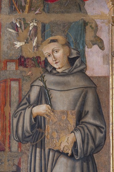 Bernardino di Mariotto, Madonna with Child Enthroned, St. Francis of Assisi, St. Anthony of Padua, St. John the Baptist and musician